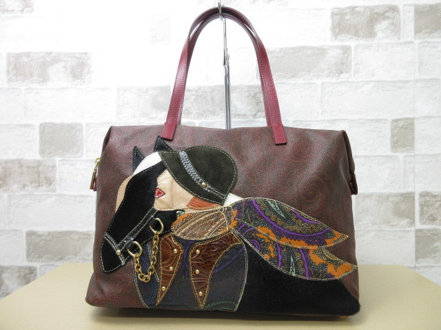 美品□エトロ ETRO□トート バッグ PVC レザー ハラコ ワインレッド系 