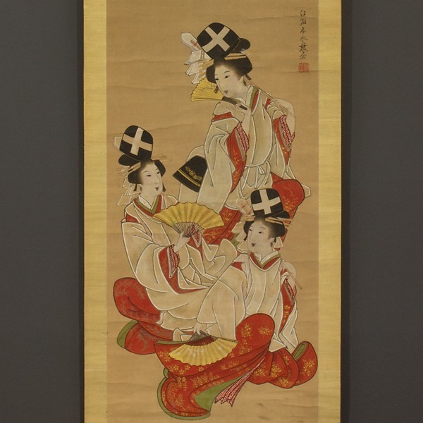 模写】□掛軸 在銘 時代 美人画 箱無 呑水戯図□ 無落款 美人画 絹本