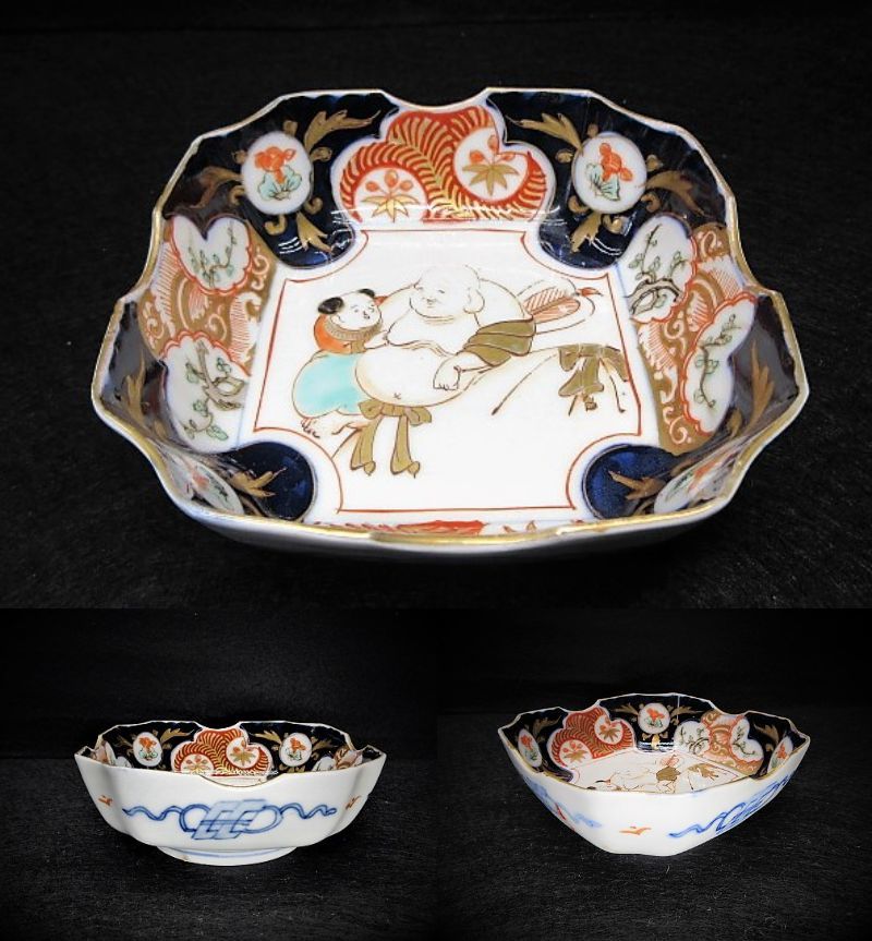 古伊万里 色絵 金襴手 布袋様と唐子 四方角向付 5枚で