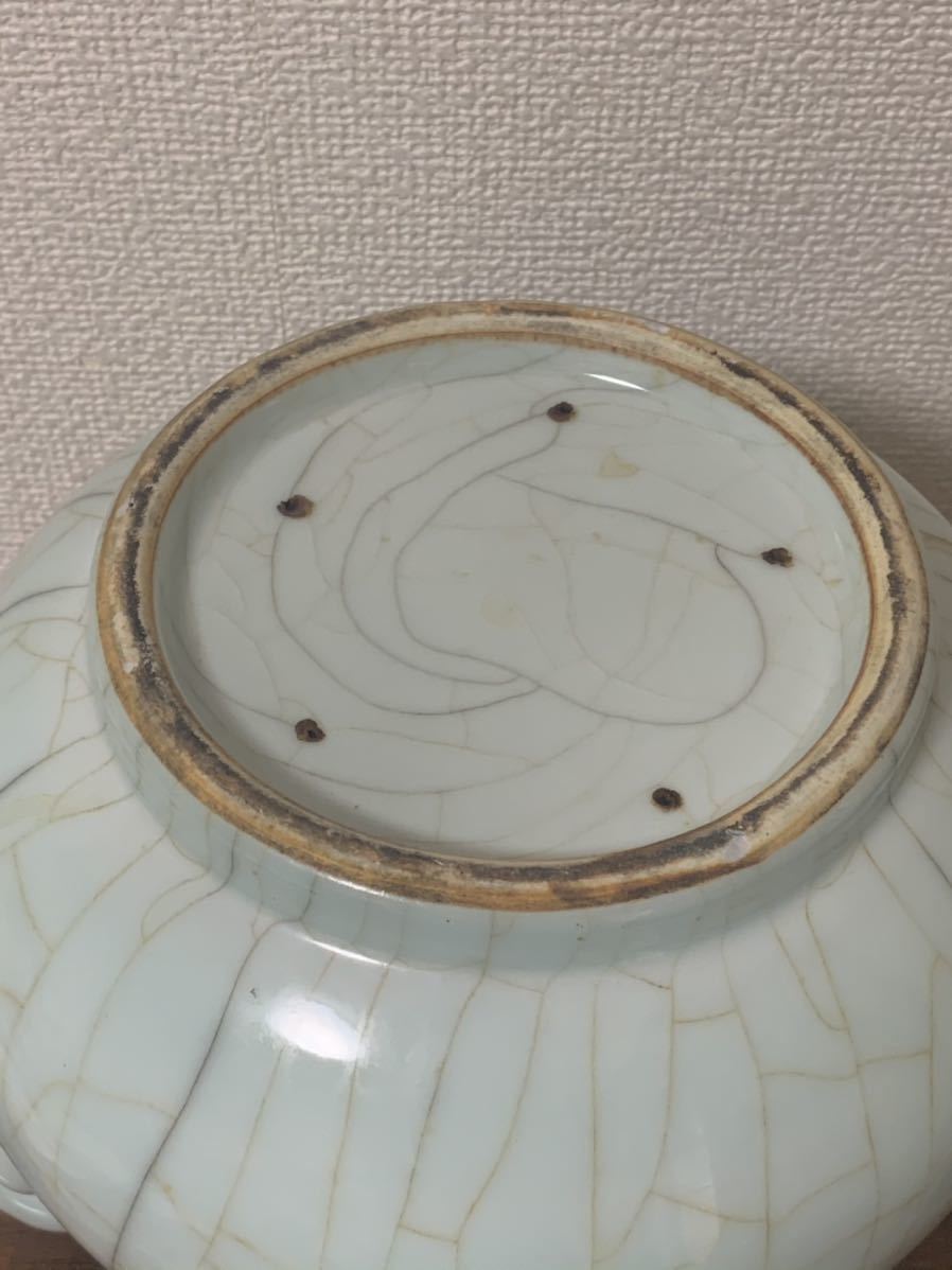 中国古美術 宋款汝窯 天青釉 六方巻耳瓶 花瓶 古陶磁 唐物 時代物 木箱