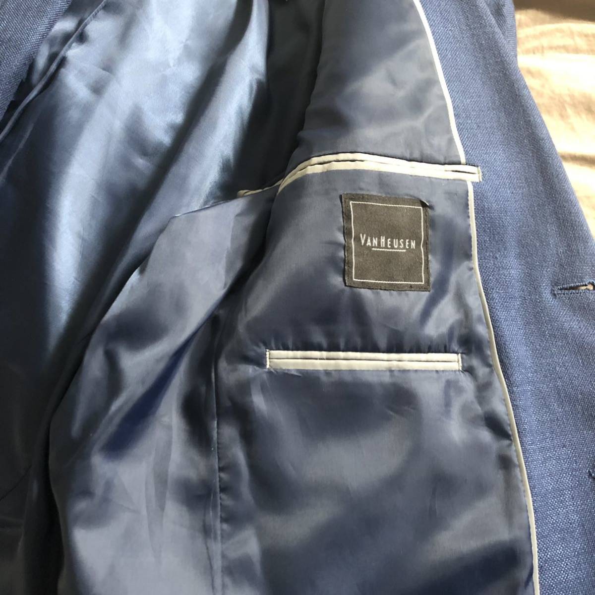 バンヒューゼン VANHEUSEN ネイビー リネン ビジネスジャケット 