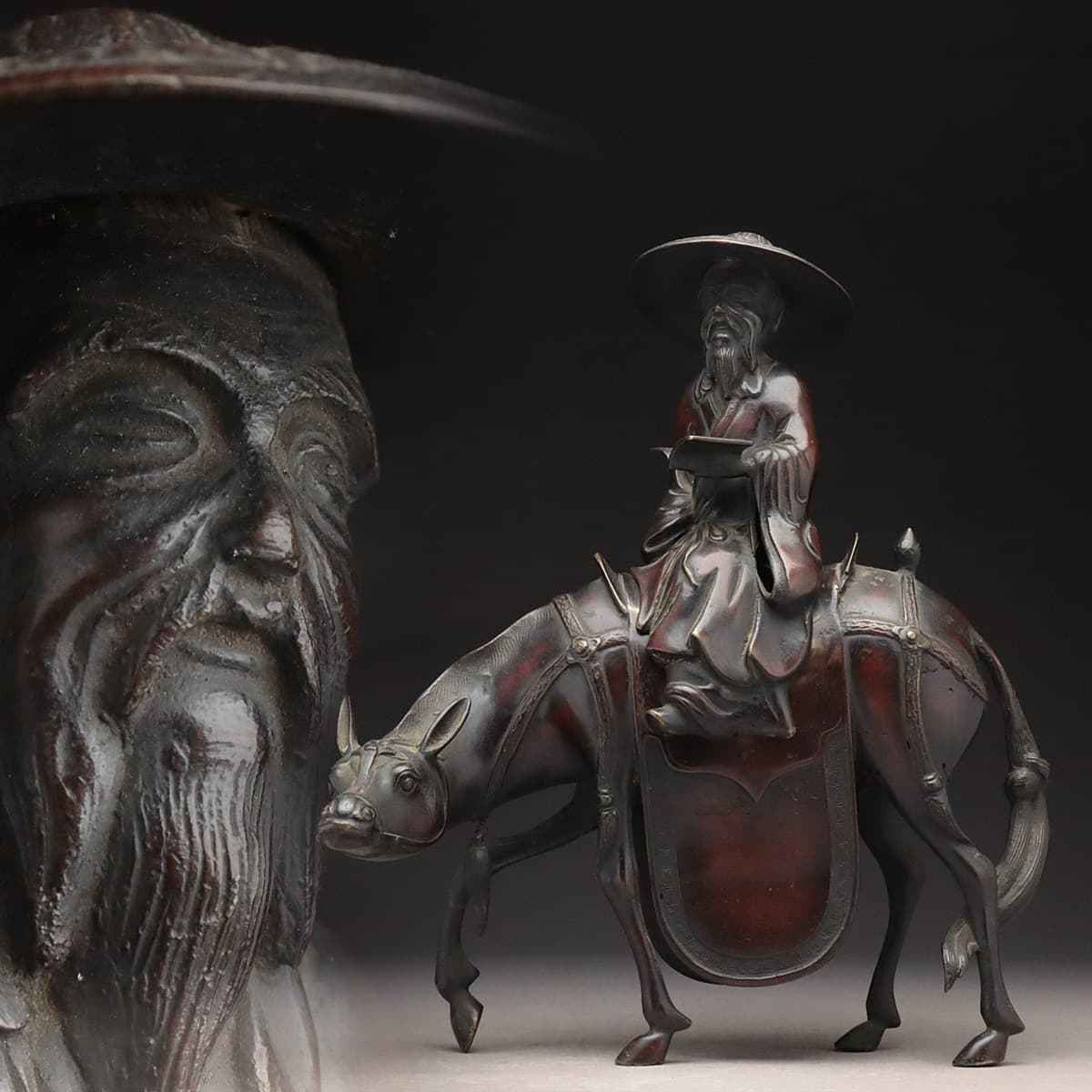 HS211 時代物 古銅 老士騎馬のったり香炉 高19cm 重955g・銅仙人騎馬 