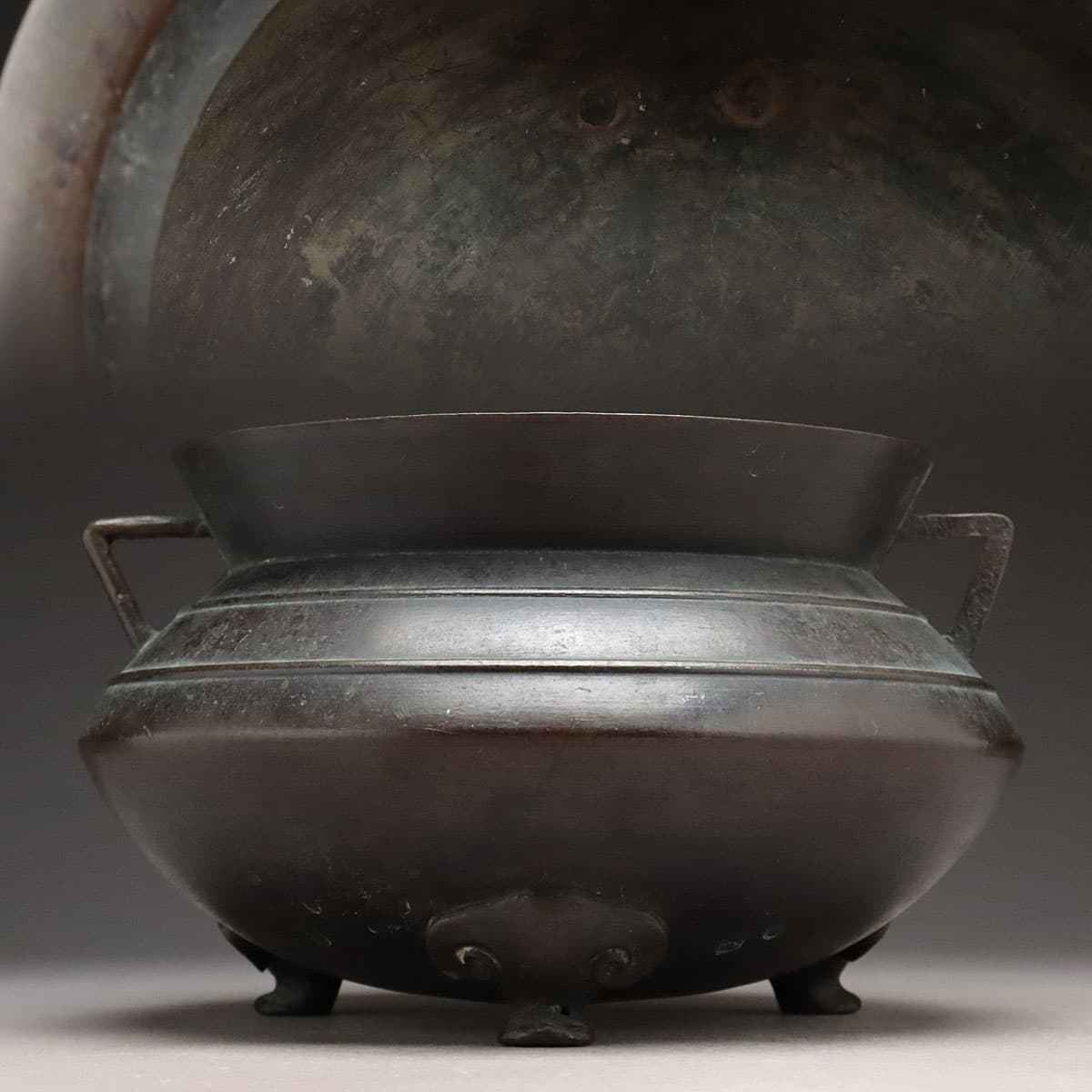 CW105 時代物 古銅 弦文 双耳三足大香炉 高15.5cm 重3.2