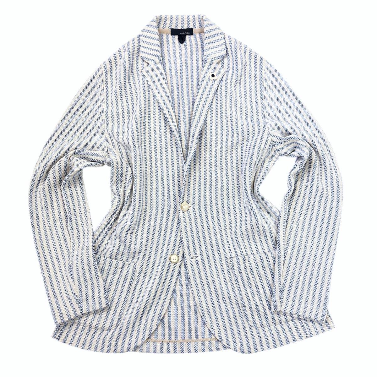 美品 春夏 LARDINI ラルディーニ リネン コットン ジャケット ニット ストライプ ブートニエール M ベージュ ネイビー ブルー ホワイト