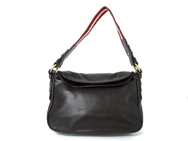 1円 ■美品■ BALLY バリー ロゴ レッドライン レザー ゴールド金具 ワンショルダーバッグ 肩掛け ダークブラウン系 I8766pO