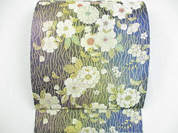 着物ふぁんた◇金糸　ラメ糸　暈し　花尽くし文様　小花散し　よろけ縞　美品　六通袋帯　 u1308 袋帯 金糸 振袖 金糸銀糸 四季花紋」六通柄 日本製