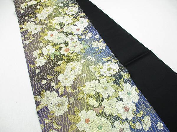 着物ふぁんた◇金糸　ラメ糸　暈し　花尽くし文様　小花散し　よろけ縞　美品　六通袋帯　 u1308 袋帯 金糸 振袖 金糸銀糸 四季花紋」六通柄 日本製