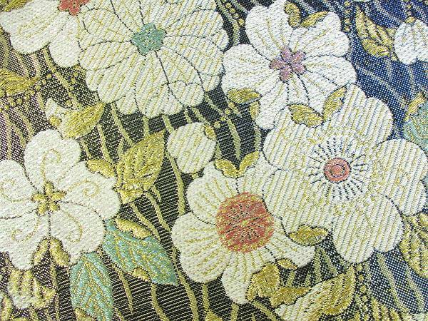 着物ふぁんた◇金糸　ラメ糸　暈し　花尽くし文様　小花散し　よろけ縞　美品　六通袋帯　 u1308 袋帯 金糸 振袖 金糸銀糸 四季花紋」六通柄 日本製