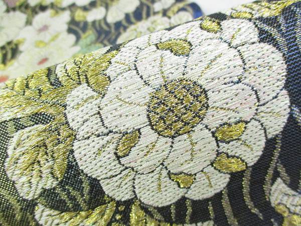 着物ふぁんた◇金糸　ラメ糸　暈し　花尽くし文様　小花散し　よろけ縞　美品　六通袋帯　 u1308 袋帯 金糸 振袖 金糸銀糸 四季花紋」六通柄 日本製