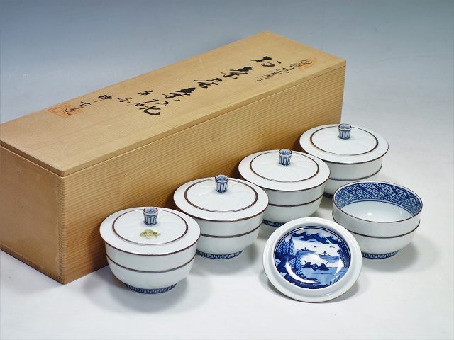 K07073【京焼 清水焼 平安瑞古 造】蓋付 お茶呑茶碗 五客 山水