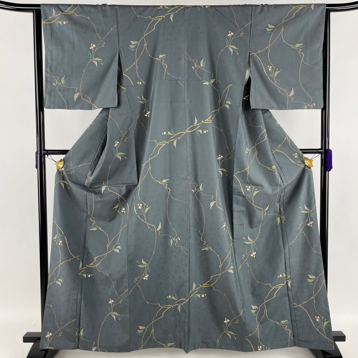 小紋 美品 秀品 かっこいい 格子 灰色 袷 身丈157.5cm 裄丈62cm S 正絹 