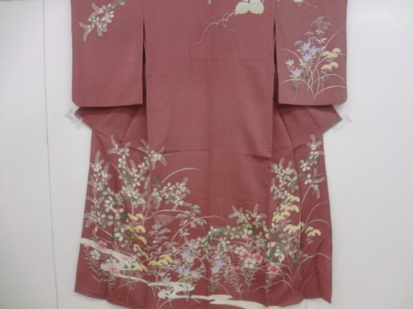 60642# 大正ロマン 秋草にコオロギ模様一つ紋単衣着物