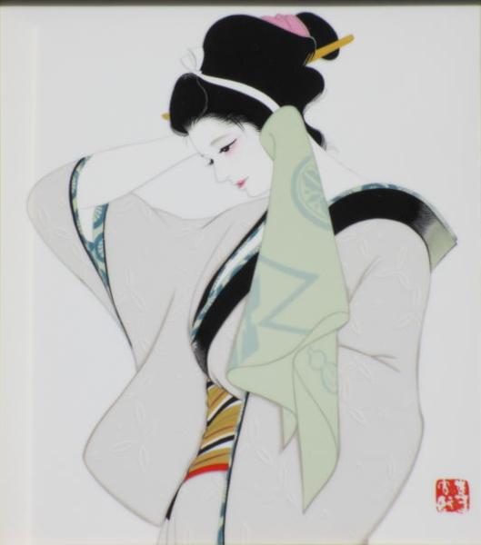 美人画の名人=岩田専太郎の珍しい陶板画=日本髪着物の粋な艶姿(人物画 