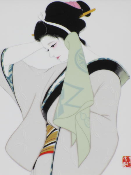 美人画の名人=岩田専太郎の珍しい陶板画=日本髪着物の粋な艶姿(人物画