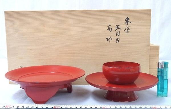 P02568光悦寺 朱塗 天目台/高杯 1対 菓子器 茶道具 共箱