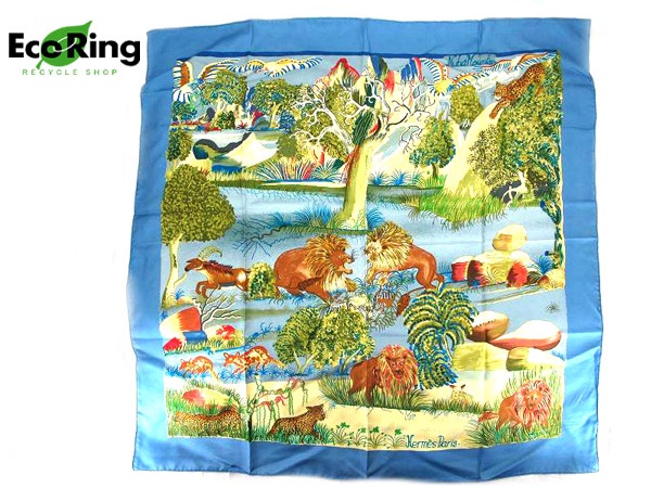 1円 エルメス ヌバ山アニマル柄カレ シルク スカーフ 水色 BC238