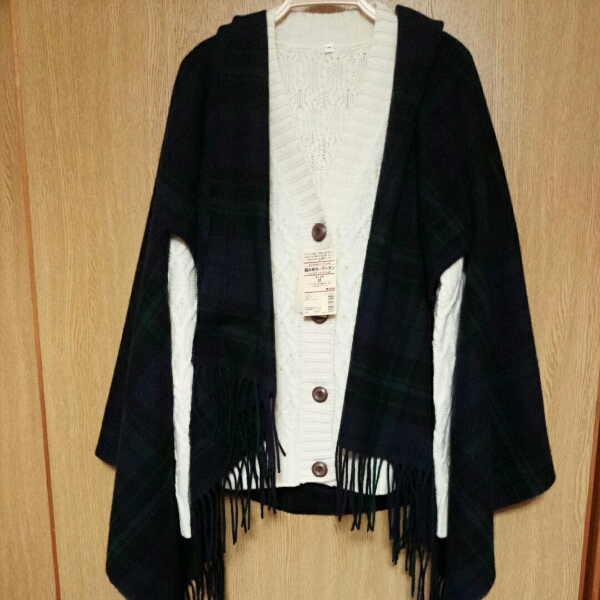 無印良品15AW★大判手通ケープストール75×210★ダークグリーン