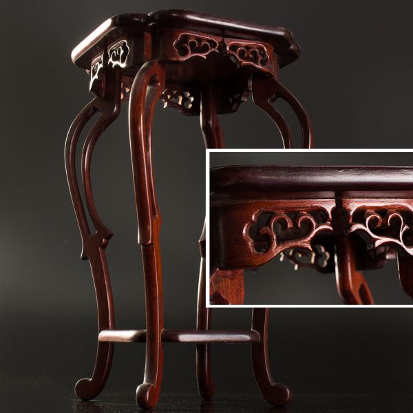 【公F1J】中国美術 唐物古唐木造透彫細工曲足高卓 花台 1058