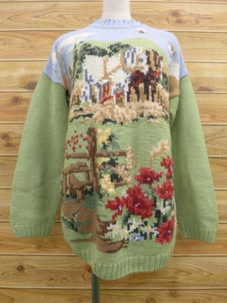 古着 レディース セーター 馬 花 ウール 大きいサイズ 緑