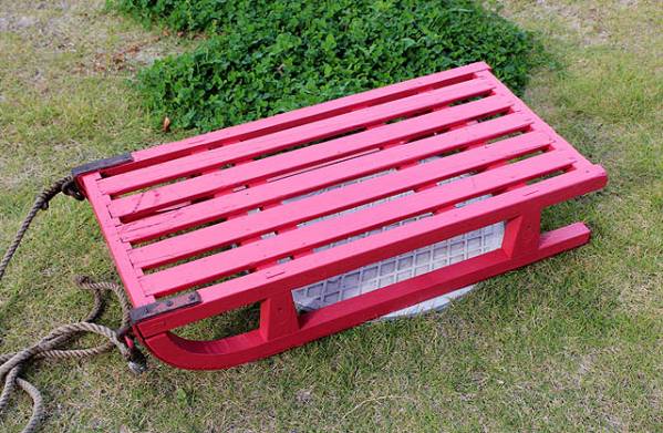 アンティーク：レトロ：木製そりガーデニング雑貨ディスプレイ