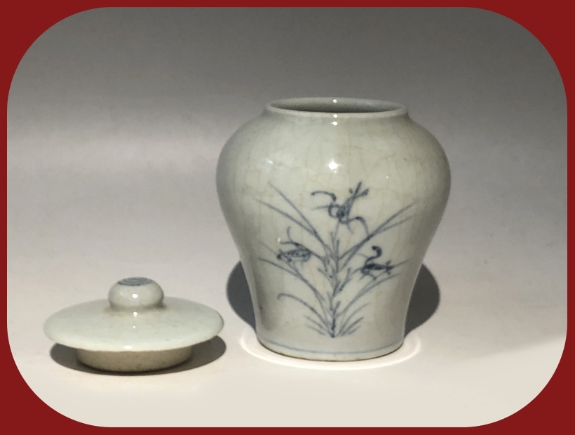 李朝 韓国 朝鮮 青花草花文壺 染 Art ◇ 李朝 写し 蓋付き