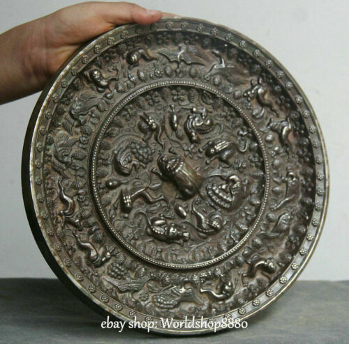 高品質，定番 希少 銅鏡 28cm 古代中国 純粋なブロンズ銀王朝宮殿鹿鳥獣
