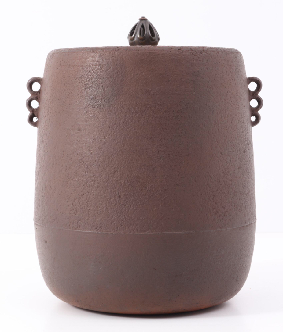 【美品】伝来 建水 釜師:畠春斎 銅器/銅製 茶こぼし 茶道具/お点前道具 茶器 真作］釜師 畠春斎【筒 山水文釜】共箱付き 高さ21cm 茶道具 ◇大幅