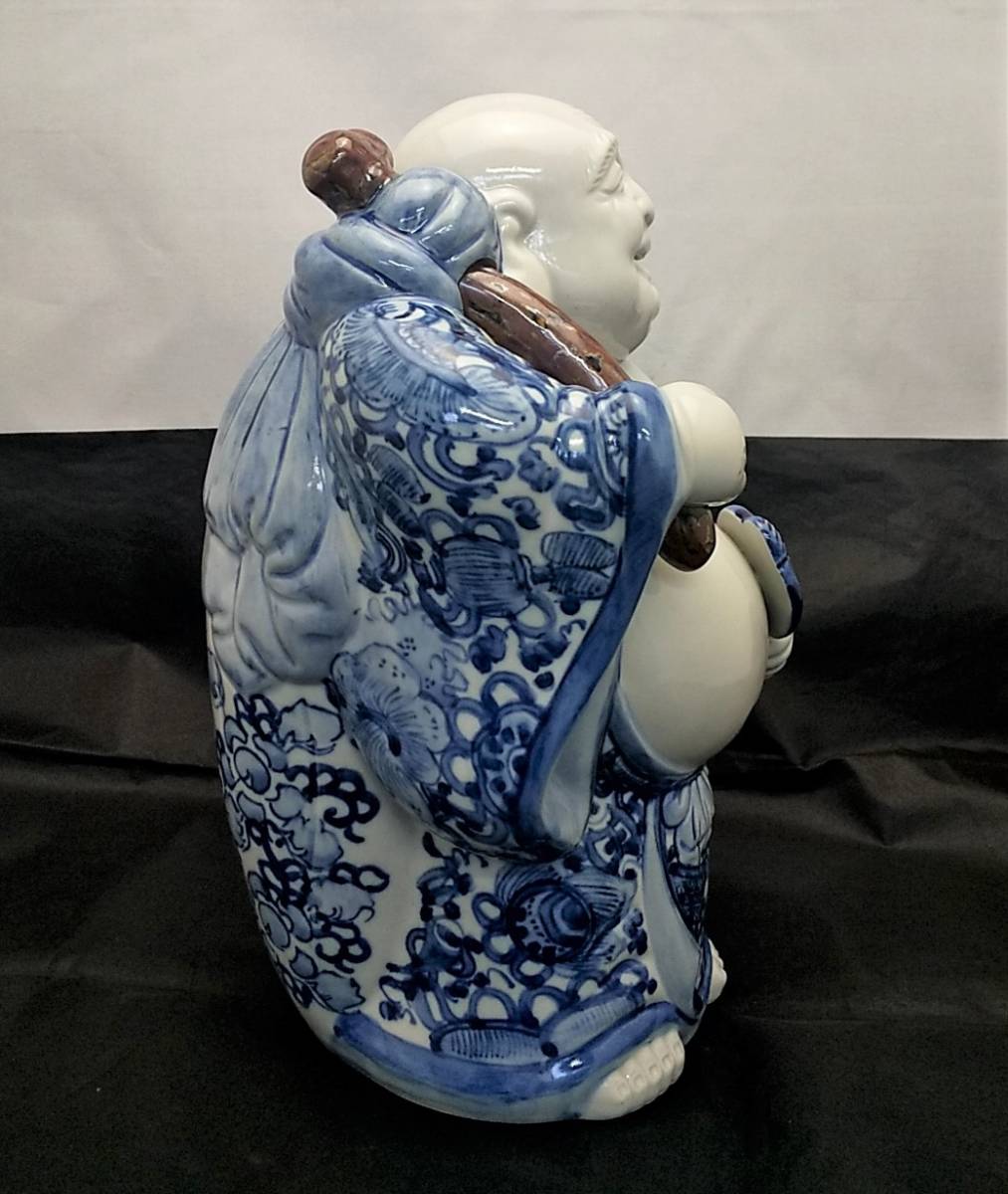 置物 九谷焼 布袋様 八幡窯 染付 美品 高さ約29cm / 布袋 ほてい様