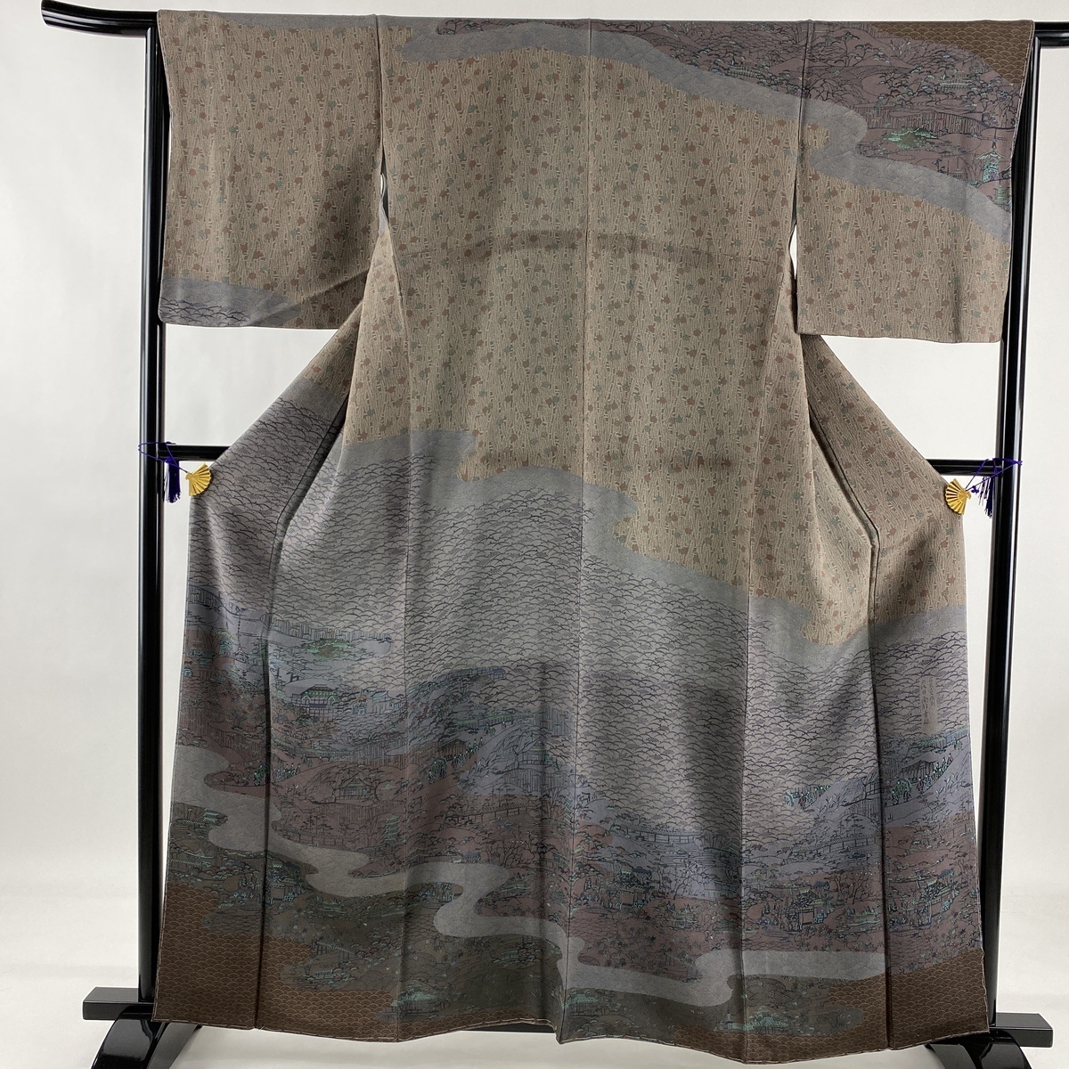 訪問着 美品 名品 落款 南部幸雄 露芝 建物 灰茶 袷 身丈160cm 裄丈66cm M 正絹 【中古】 ☆☆☆☆