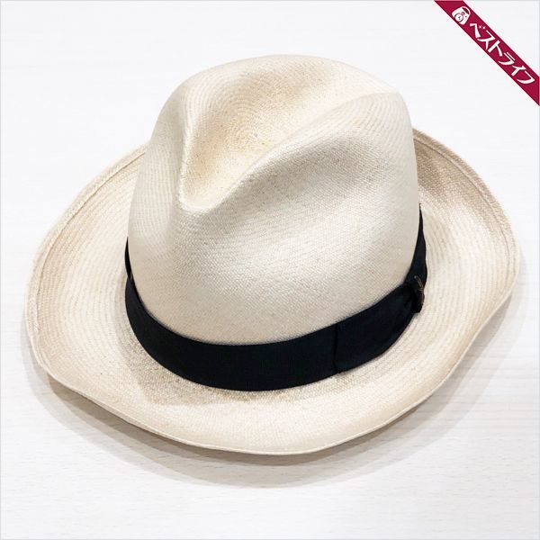 美品 ボルサリーノ ストローハット 59 パナマ オフホワイト 帽子【006