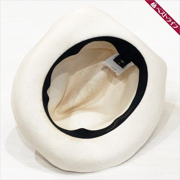 美品 ボルサリーノ ストローハット 59 パナマ オフホワイト 帽子【006