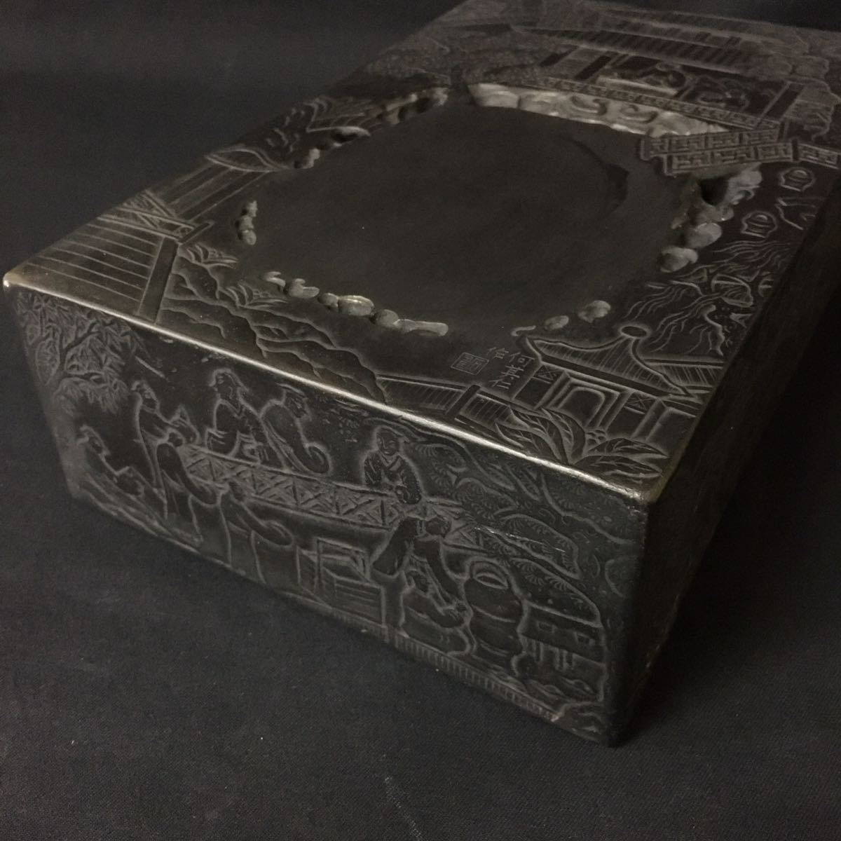 端渓硯 　書道用品　中国美術 蘭亭硯　何其仁作 中国 蘭亭硯 何其仁 作 硯石 漢詩 硯 古玩 銘 有り 細密 彫刻 文房具