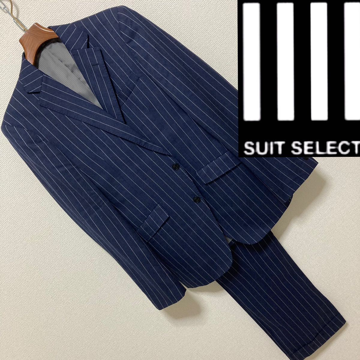 スーツセレクト　スーツセット　チョークストライプ ネイビー　Ｙ５ 良品◇SUIT SELECT◇チョークストライプ セットアップ スーツ Y5 紺