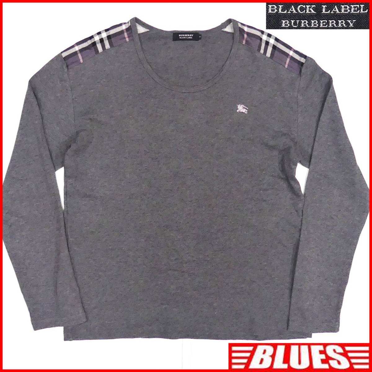 即決★BURBERRY BLACK LABEL★メンズL 廃版 Tシャツ バーバリーブラックレーベル 3 グレー ノバチェック 三陽商会正規 ナイト刺繍 長袖