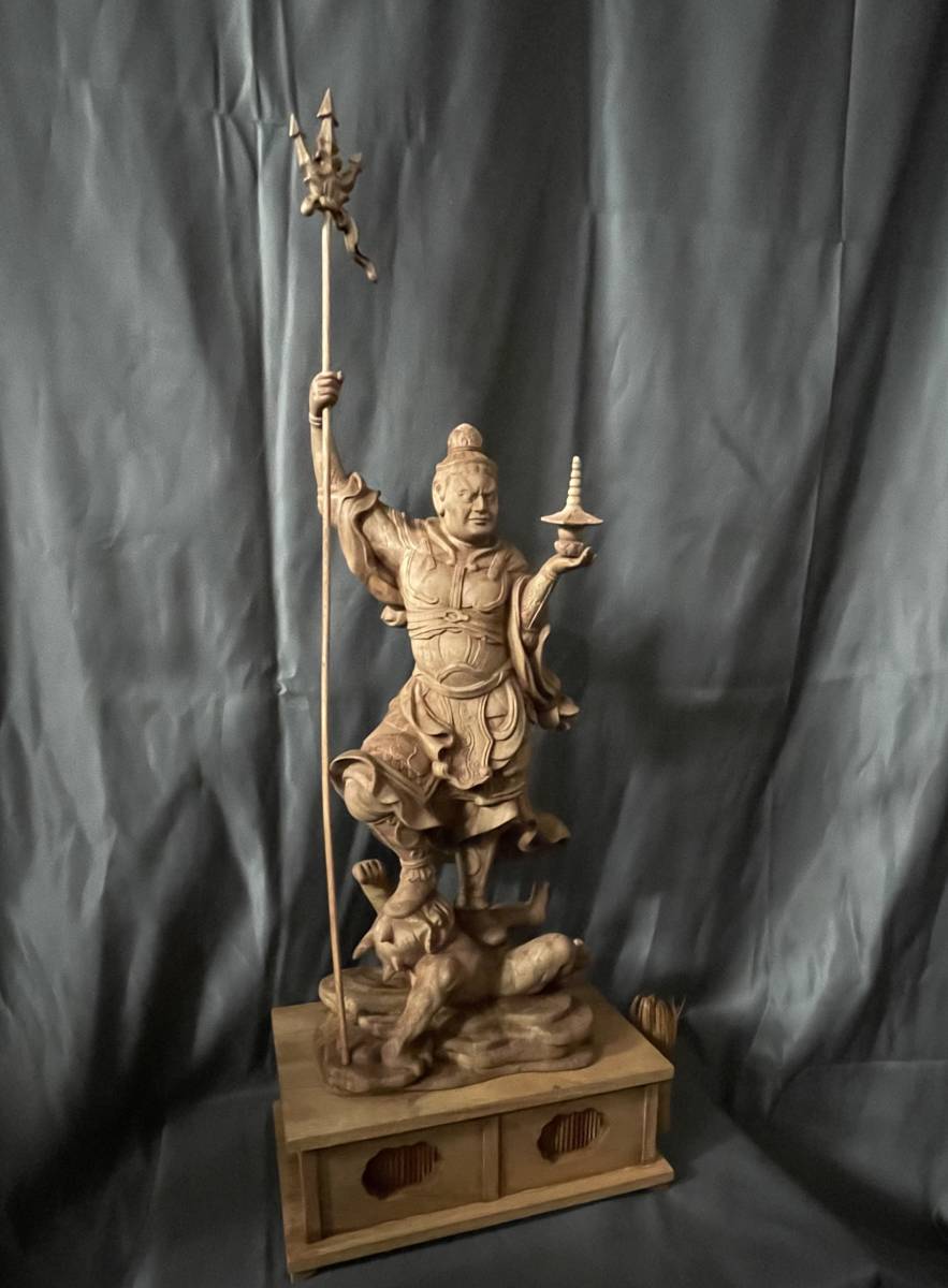 仏教工芸品 総楠製 井波彫刻 極上彫 木彫仏像 毘沙門天立像 仏教工芸