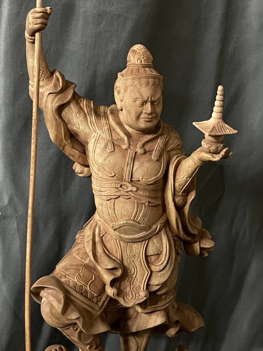 仏教工芸品 総楠製 井波彫刻 極上彫 木彫仏像 毘沙門天立像 i-img900x1200-