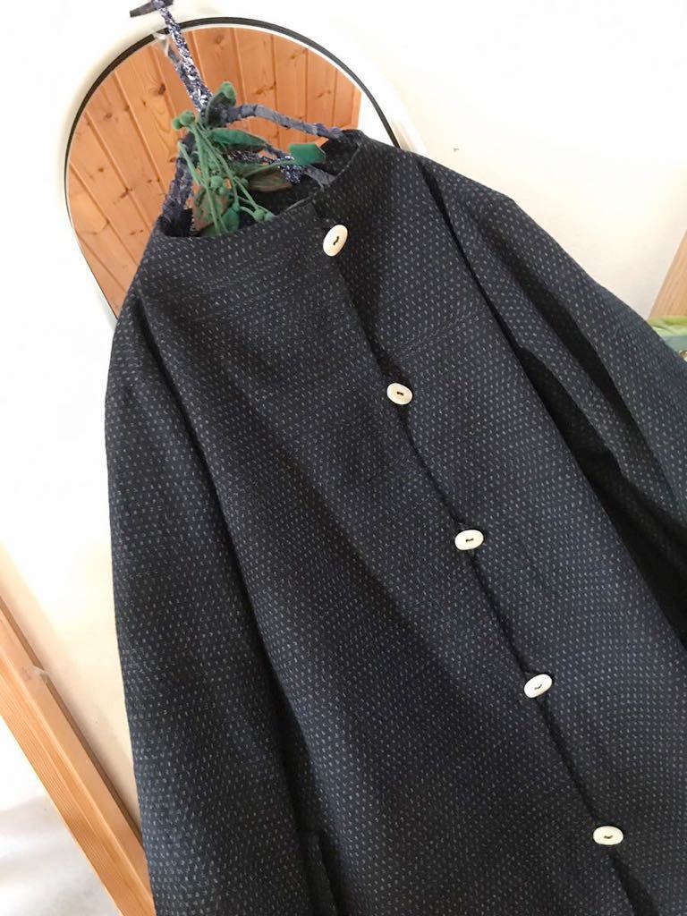 着物リメイク fu.☆ 久留米絣 蚊絣 古布 ボトルネック ハーフコート 躾 