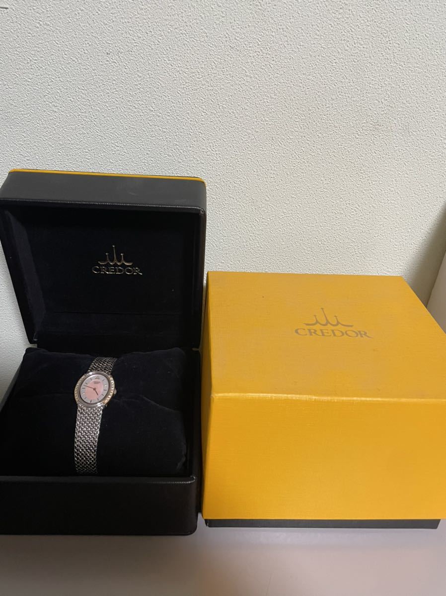 $SEIKO/セイコー CREDOR クレドール 18K+SS/ダイヤモンドベゼル レディース腕時計 クォーツ シェル文字盤 5A70-3000 電池交換済み