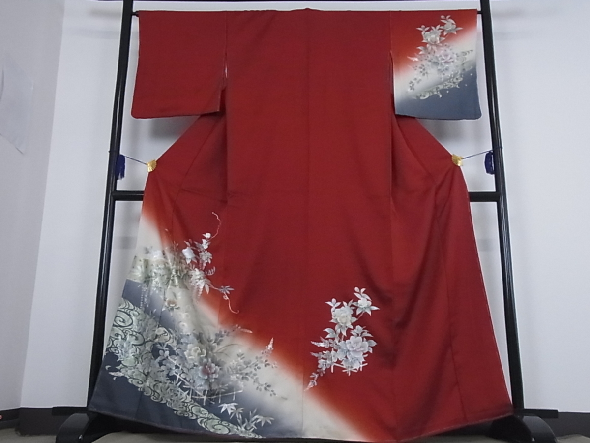 着物屋こころ□訪問着 螺鈿 流水草花文 暈し染め 金銀彩 正絹 逸品 未 