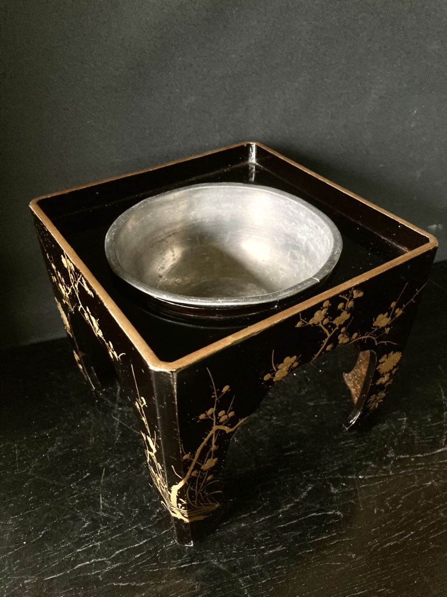 I-17＊茶道具＊盃洗＊四君子紋菊梅金蒔絵盃洗＊黒塗漆器＊鉛製受け皿