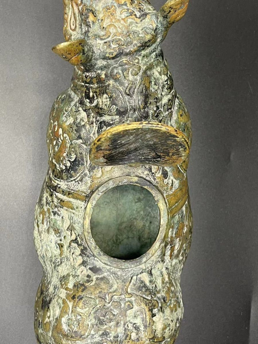香炉 中国美術 唐物 蓋物 置物 象嵌入 犀(サイ) 幅65cm 重15kg 古銅