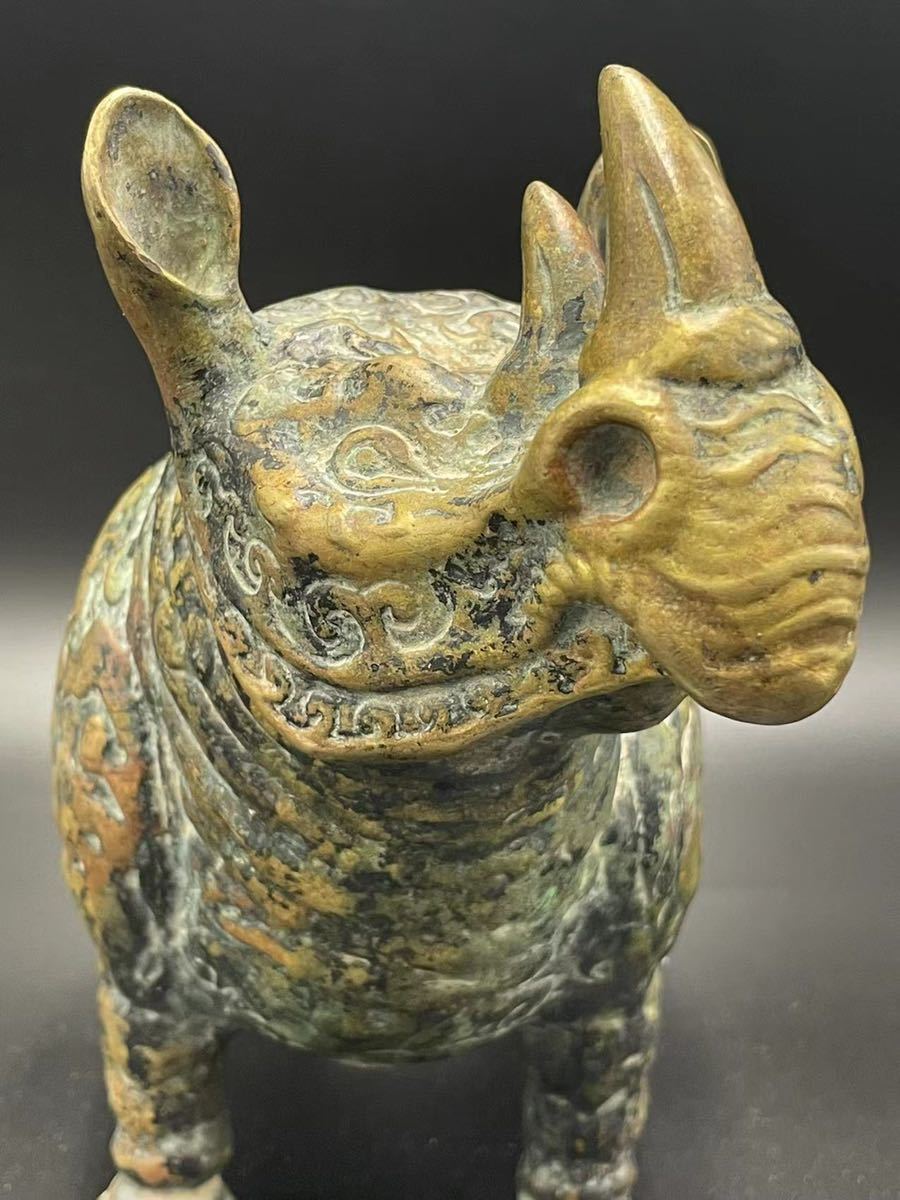 香炉 中国美術 唐物 蓋物 置物 象嵌入 犀(サイ) 幅65cm 重15kg 古銅