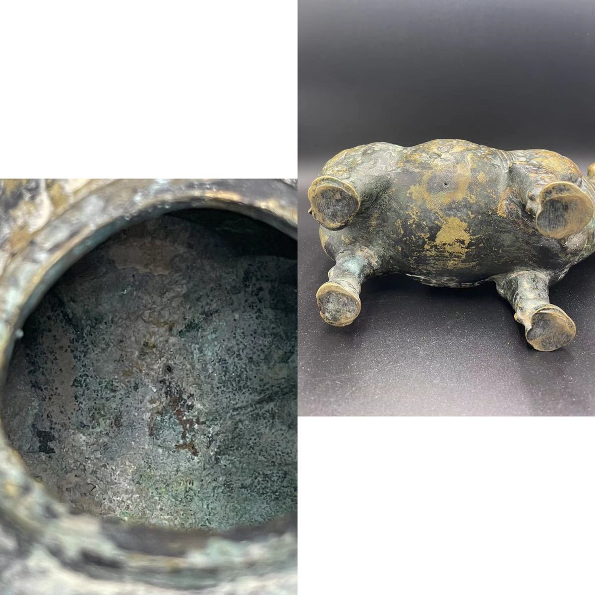 香炉 中国美術 唐物 蓋物 置物 象嵌入 犀(サイ) 幅65cm 重15kg 古銅
