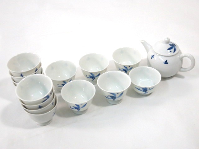 F451 F 平安清昌 造 染付 急須 煎茶碗13客＋1客 計15