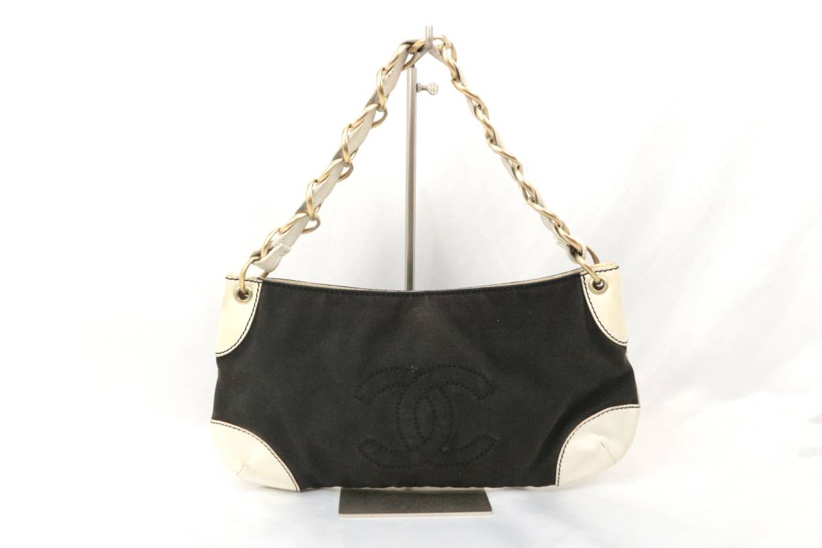 3K2116【本物保証】シャネル チェーン ショルダー バッグ キャンバス レザー ブラック ホワイト ココマーク ロゴ ステッチ CHANEL