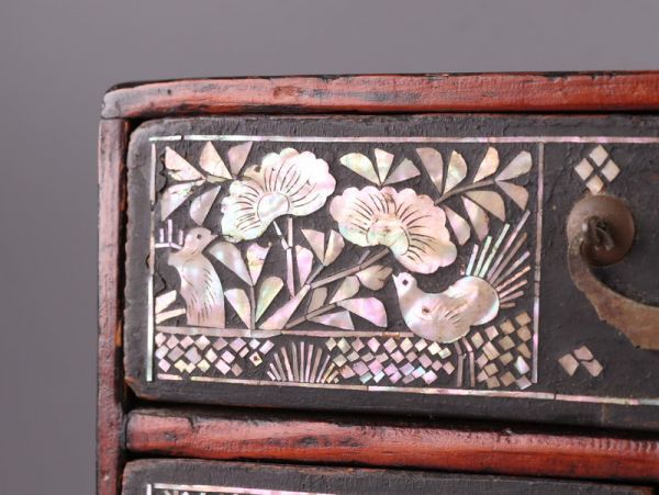 古美術 朝鮮漆器 李朝 木製漆塗 螺鈿細工 小箪笥 古作 細密細工 時代物 極上品 初だし品 871_4