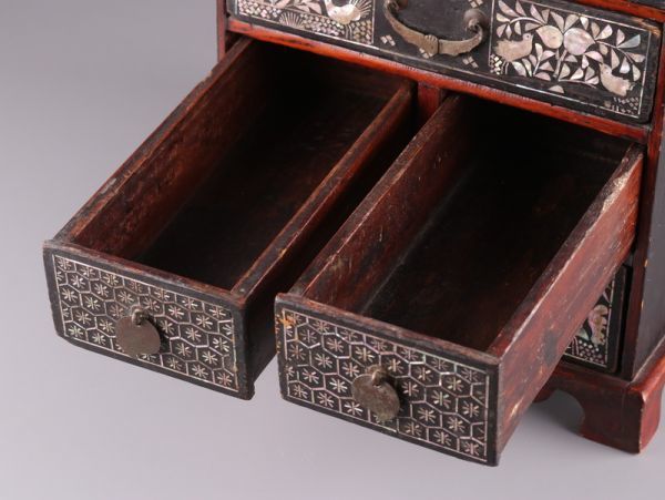 古美術 朝鮮漆器 李朝 木製漆塗 螺鈿細工 小箪笥 古作 細密細工 時代物 極上品 初だし品 871_9