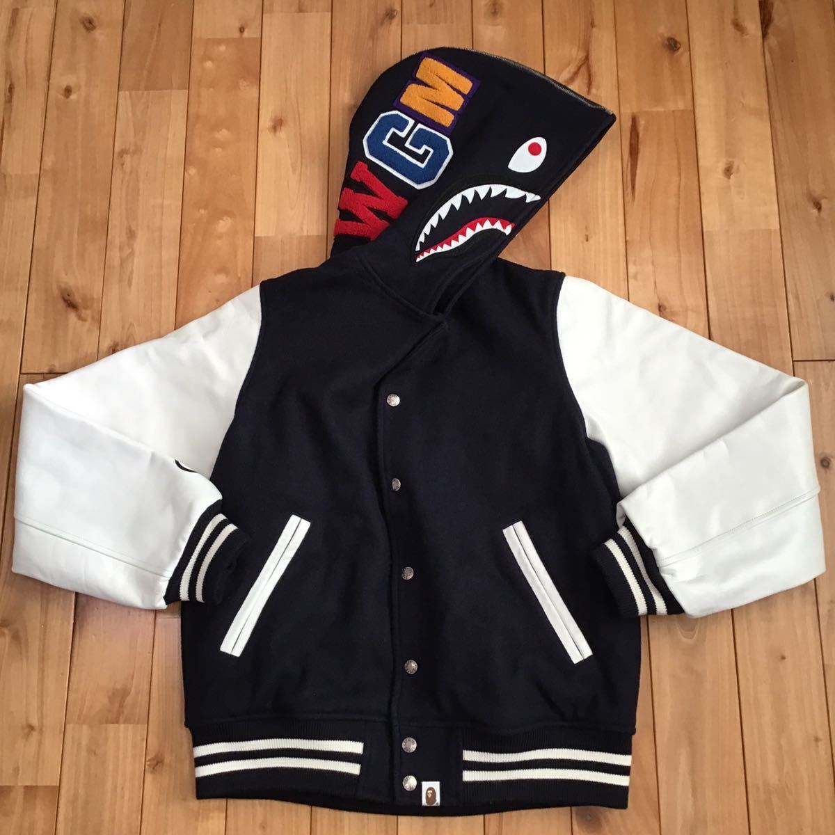A Bathing Ape シャークデザイン スタジャン L 袖レザー shark varsity jacket Lサイズ navy a bathing ape BAPE