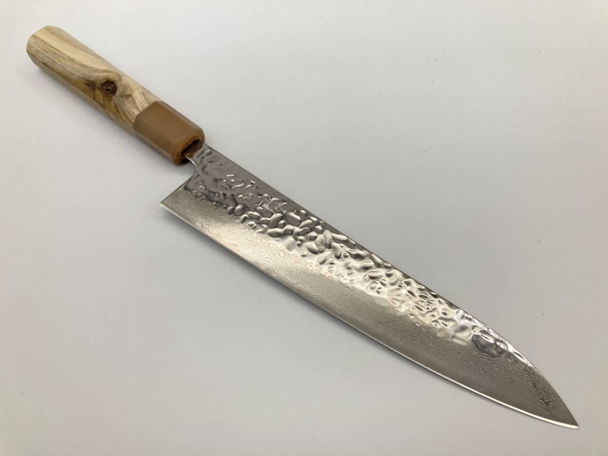 67層ダマスカスV金10号鏡面黒檀白水牛和牛刀240mm 黒檀白水牛八角柄