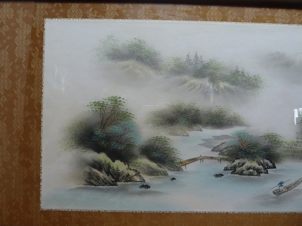 ☆BM)白映/日本画 山水 山里 風景画 横長 横幅137㎝ 渡し舟 茅葺き屋根  